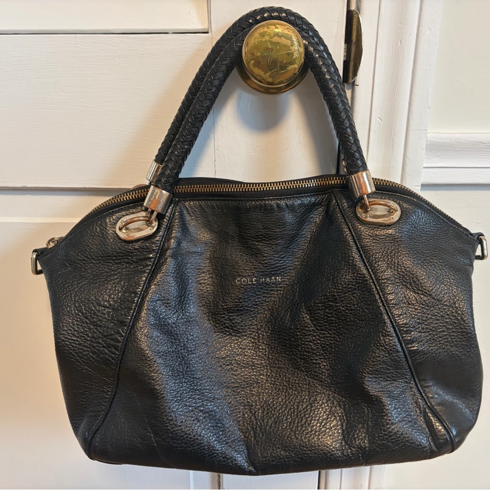 Cole Haan Black Leather Satchel with Braided Handles
